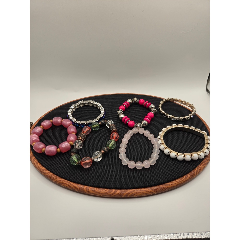 Vintage Stretch Bracelet Lot 7pc Beaded Faux Pearl Glass UV Glow Pink White
